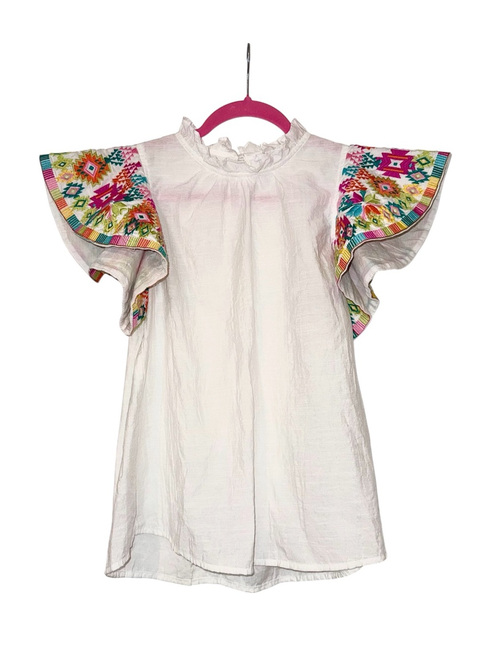 THML White Blouse with Neon-Multicolor Embroidered Flutter Sleeves, XS, GUC